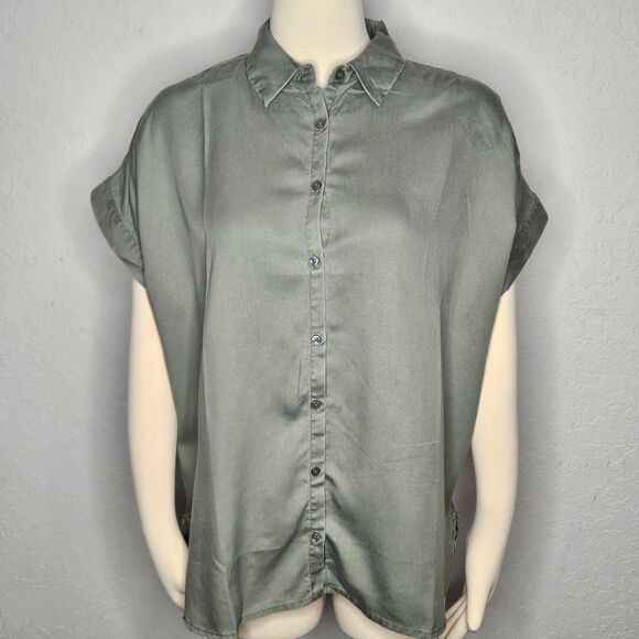 Quince Button Down Blouse Oversized High Low Top Green Tencel Lyocell Size L NWT - Picture 1 of 7